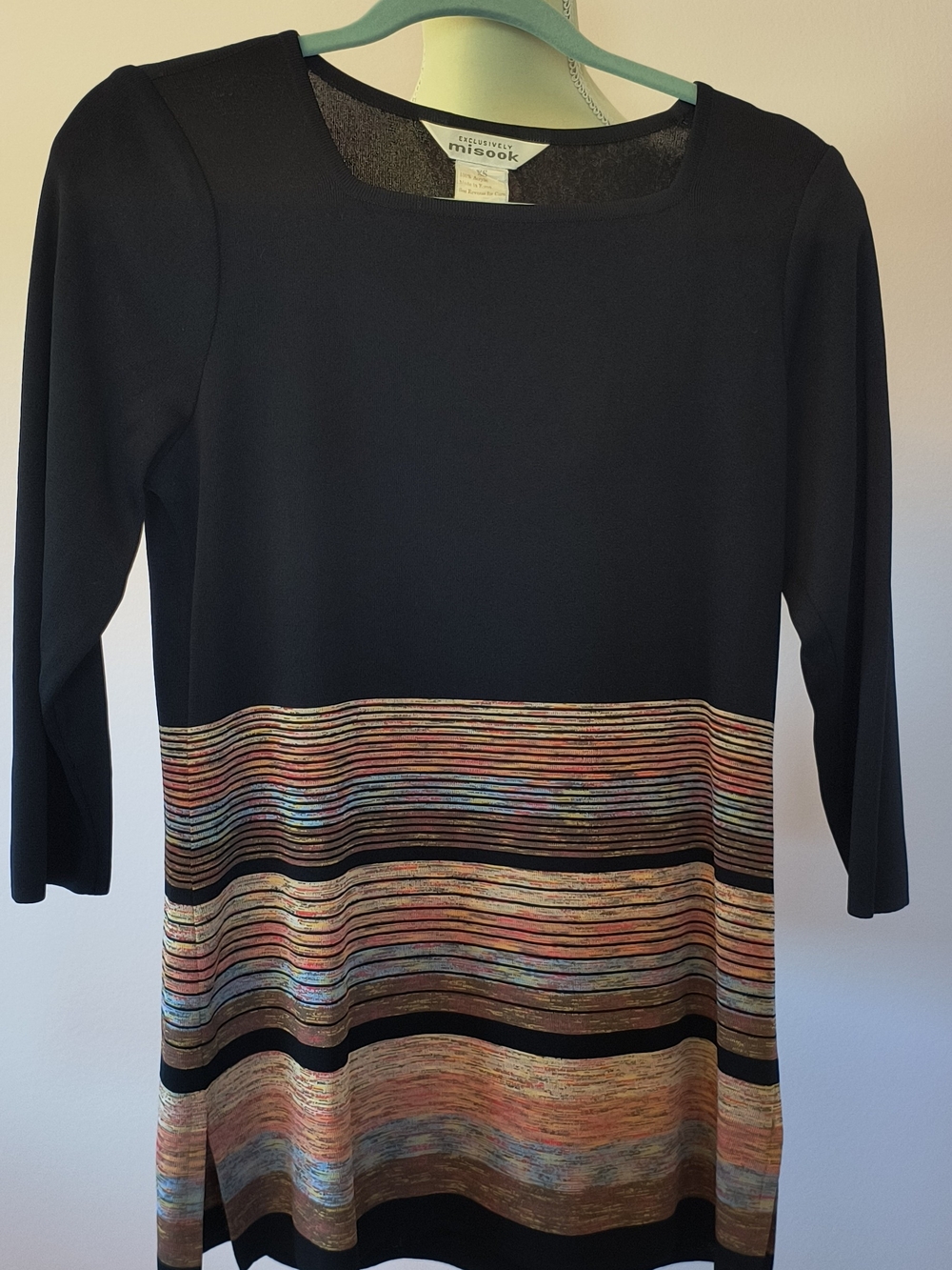 Misook Black Knit Dress with Multicolor Metallic Stripe Hem